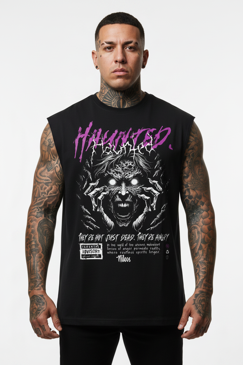 Haunted Sleeveless Oversized Tee mit Frontprint