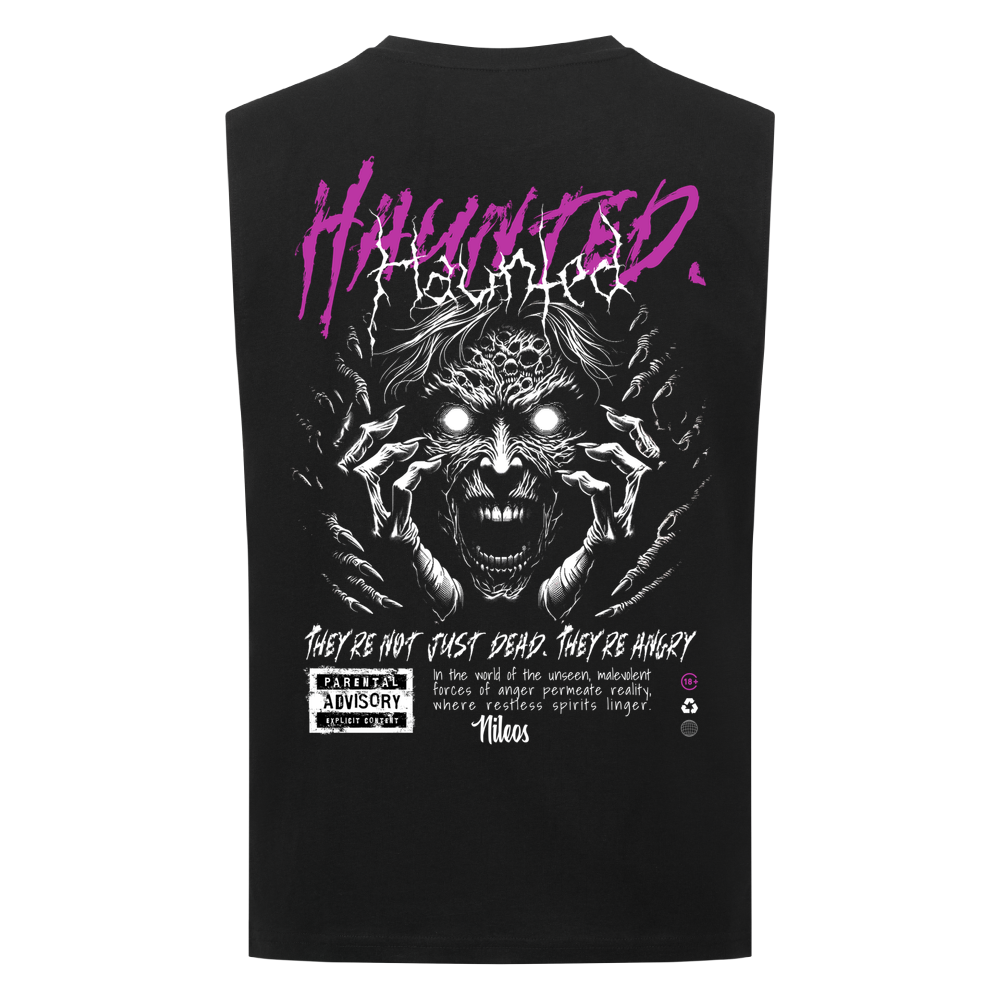 Haunted Sleeveless Oversized Tee mit Backprint in Schwarz