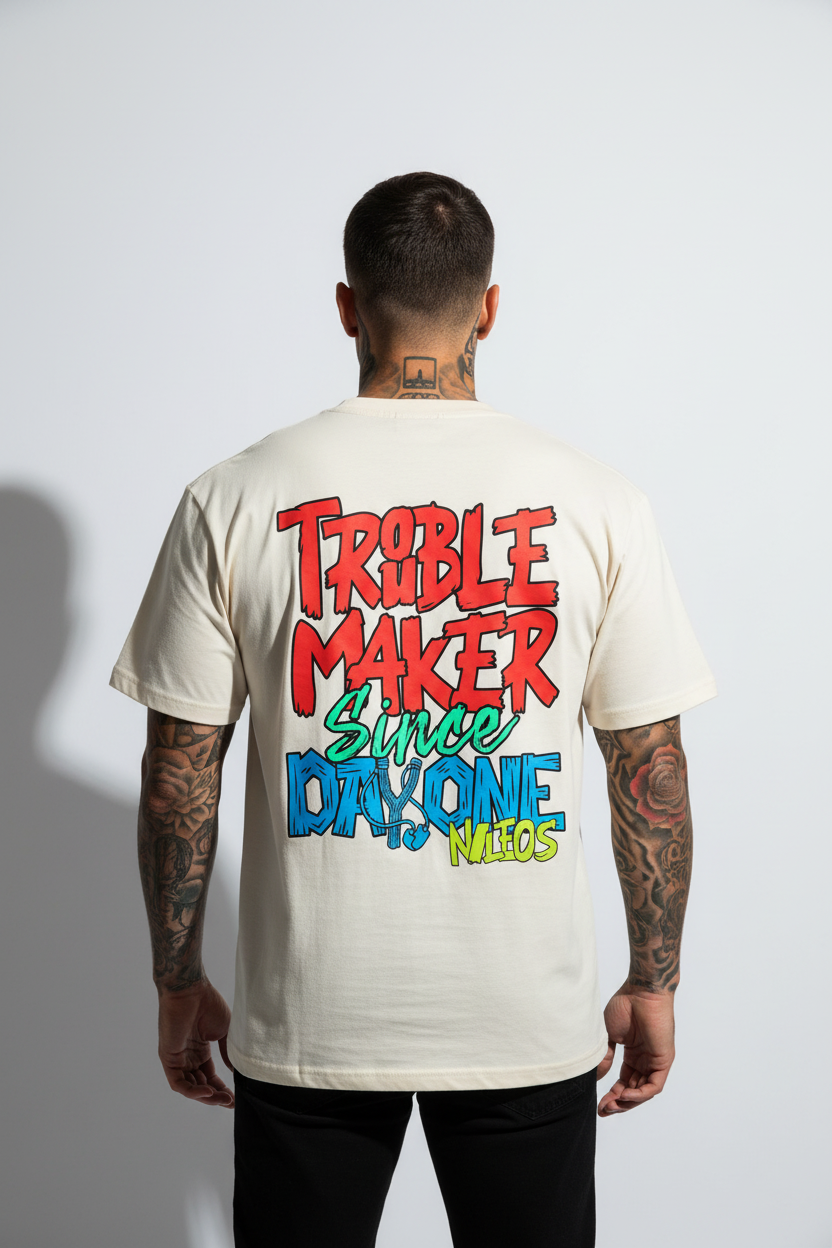 Troublemaker Oversized Shirt mit Backprint – Farbe Natural Raw