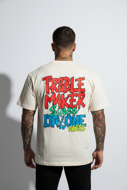 Troublemaker Oversized Shirt mit Backprint – Farbe Natural Raw