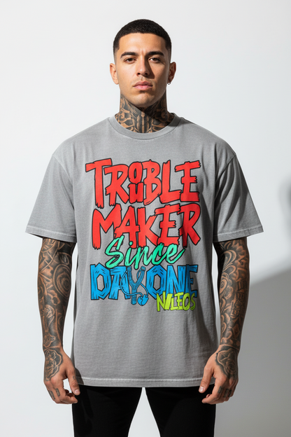 Troublemaker Oversized Shirt mit Frontprint – Farbe Washed Grey